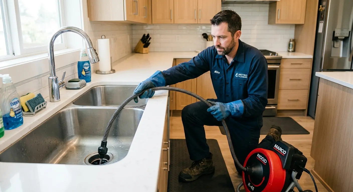 Drain cleaning technician using a motorized snake on a kitchen sink in Towamencin