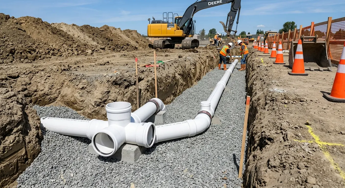 New PVC sewer pipe installation in open trench for Sewer Backup in Towamencin
